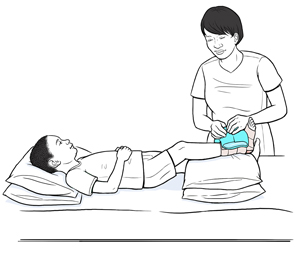 Child lying on bed with ankle elevated on pillows and wrapped in an ace bandage. An adult is placing an ice pack on the bandaged ankle.