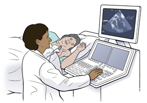 Mulher deitada de lado na mesa de examinação Médico segurando a sonda de ecocardiograma e olhando para o monitor.